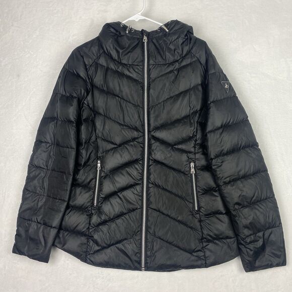 Sam Edelman Puffer Jacket Womens Large Black Full Zip Down Feathers Pockets - Picture 2 of 11